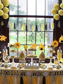 5pcs/Set Hanging Spiral Decorations, Bee Party Hanging Spiral Aluminum Foil Ceiling Streamers Honey Bee Themed Party Supplies, Birthday Gender Reveal Bee Party Decor - Yellow - View 5