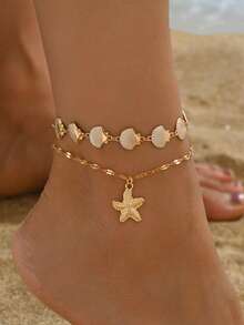 2 件套浪漫海滩风格合金珐琅贝壳和海星吊坠脚链套装，时尚女士珠宝，适合日常穿着、海滩约会、派对 - 彩色 - 查看 2