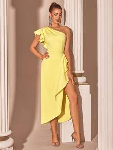 Elisanya Gaun Pesta Midi Berkerut Asimetris ADYCE, Gaun Formal Elegan dengan Belahan Pinggang Tinggi, Warna Krem Kuning, Gaun Pesta Koktail, Gaun untuk Tamu Pernikahan, Acara Kencan Malam - Kuning - View 6