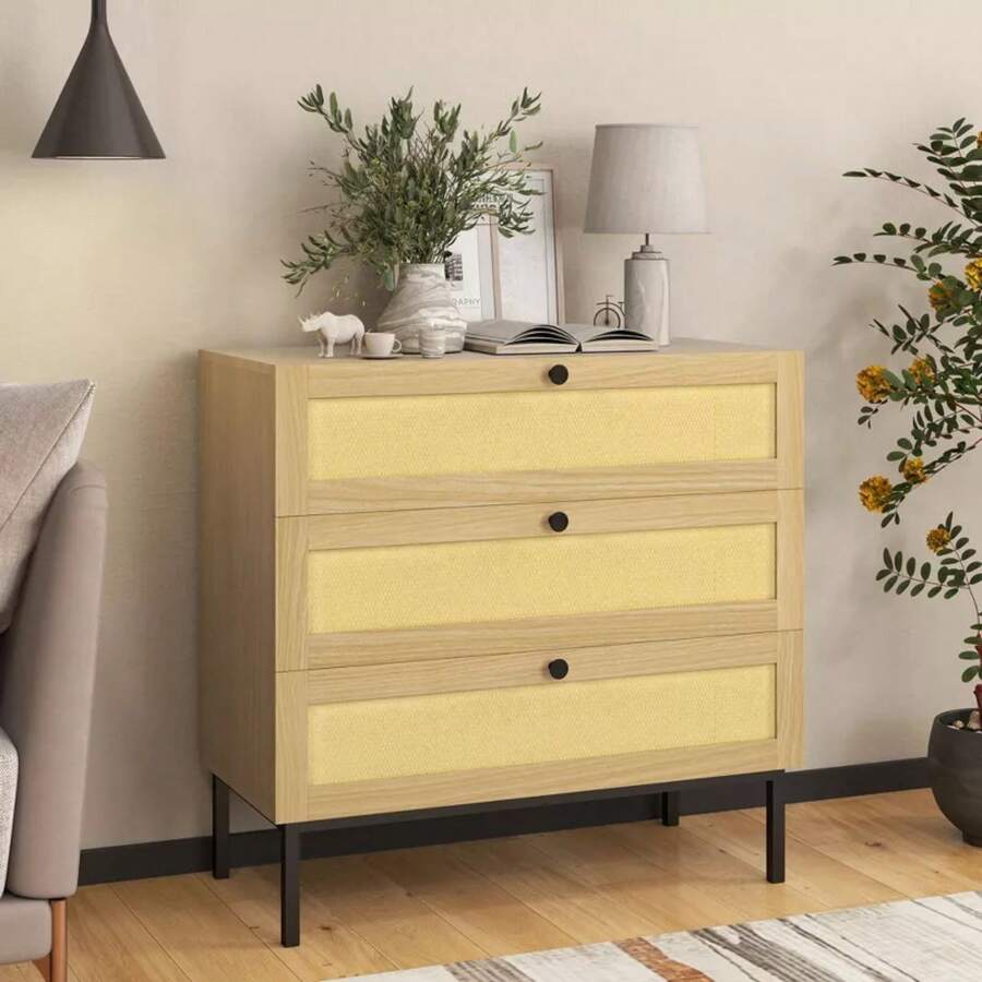 Rattan Dresser, Boho Dresser With 3 Drawers, Modern Dresser With Iron, Accent End Table - 1 - 查看 1