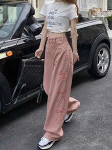 Women's Solid Color Mid-Waist Straight Loose Fit Butterfly Embroidery Casual Jeans