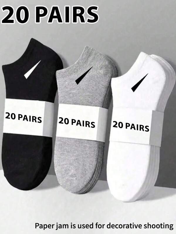 paquete de 20 pares de calcetines deportivos unisex, calcetines tobilleros blancos/negros/grises, cómodos, que absorben la humedad, transpirables, de unicolor clásico, de estilo simple y de moda, apropiados para el uso casual de todos los días