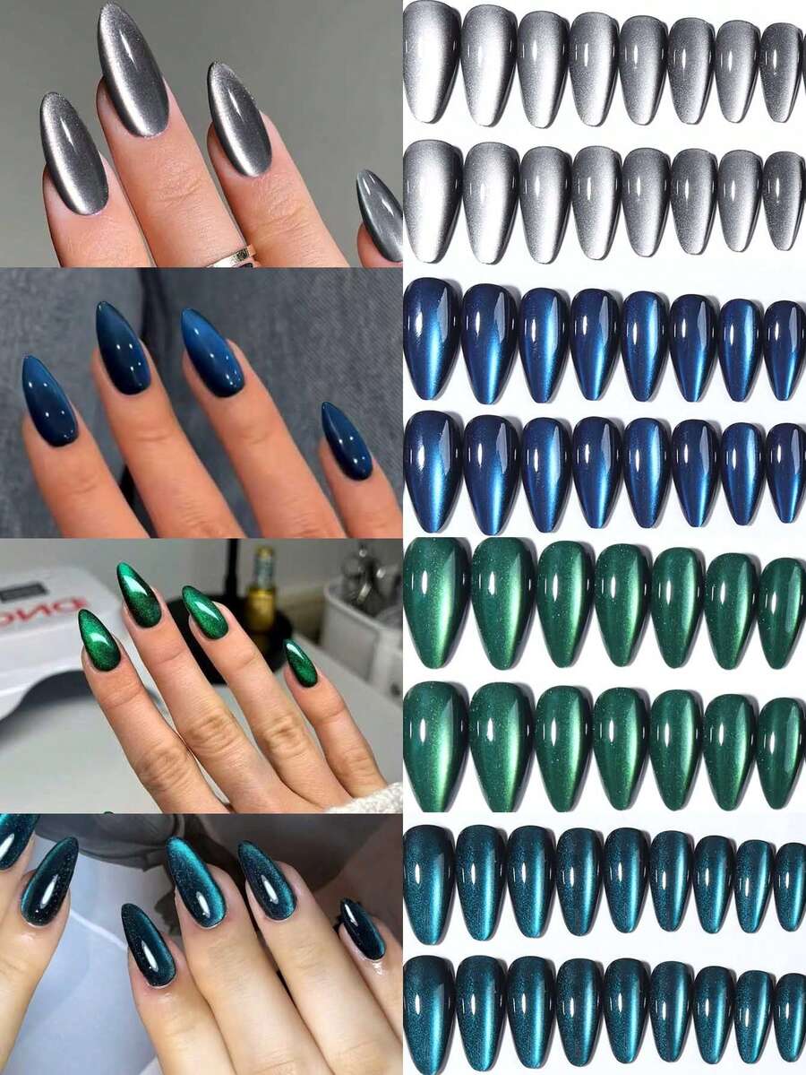 98Pcs(4Mixed )Y2K Long Almonds Glossy Aesthetic Crystal Green, Black, Blue Cat Eye Acrylic Press On Nails Short Almond Nail Design Perfect Fit False Nails Set, Include: 1Pc Jelly Glue And 1Pc Nail File,Green Blue Cat Eye Nails For Woman & Girl Daily Wear Rave Party Use Nail Supplies Nails