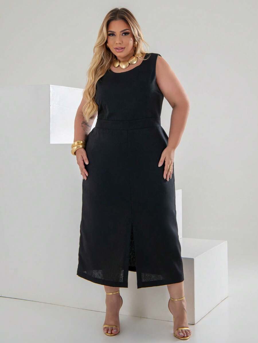 Plus Size Linen Slit Midi Dress Elegant Casual Elegant Linen Hollow Out/Cut Out Holiday Wedding Office Travel - màu đen - Xem 1