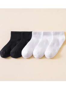 5 Pairs Cotton 100% Kids Socks, Black & White Striped Mid-Calf Socks For Boys & Girls, All Seasons