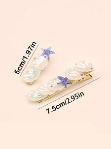 2 piezas de pasadores para el cabello con clip lateral para mujeres, accesorios para el cabello de verano con adornos de estrella de mar, concha y perla