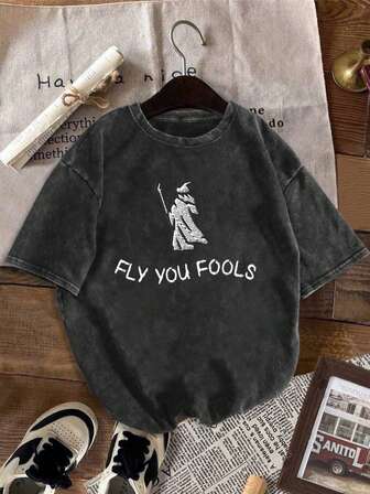 Camiseta de verano para mujer con estampado gráfico "¡Vuela, tonto!" de cuello redondo y manga corta, sencilla y casual, para uso diario, Top de mujer Gandalf, regalo de fantasía de la Tierra Media, prenda de verano estética para mujer