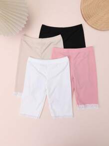 4 pares de bermudas para niñas de talla media-grande con decoración de encaje y lunares, hechas de material de seda de hielo ligero y transpirable para el verano, versátiles para usar como ropa exterior o interior