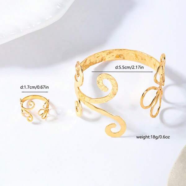 1Set Vintage Geometric Floral Texture Adjustable Bracelet & Ring Set, Suitable For Parties As Gifts