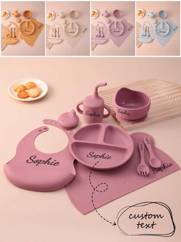 8PCS Personalized Customization Name Childern Silicone Dinner Set Custom Kids Tableware Portable Utensils Non-Slip Placemat Suction Bowl Dishes Plate Adjustable Bib Sippy Cup With Lids