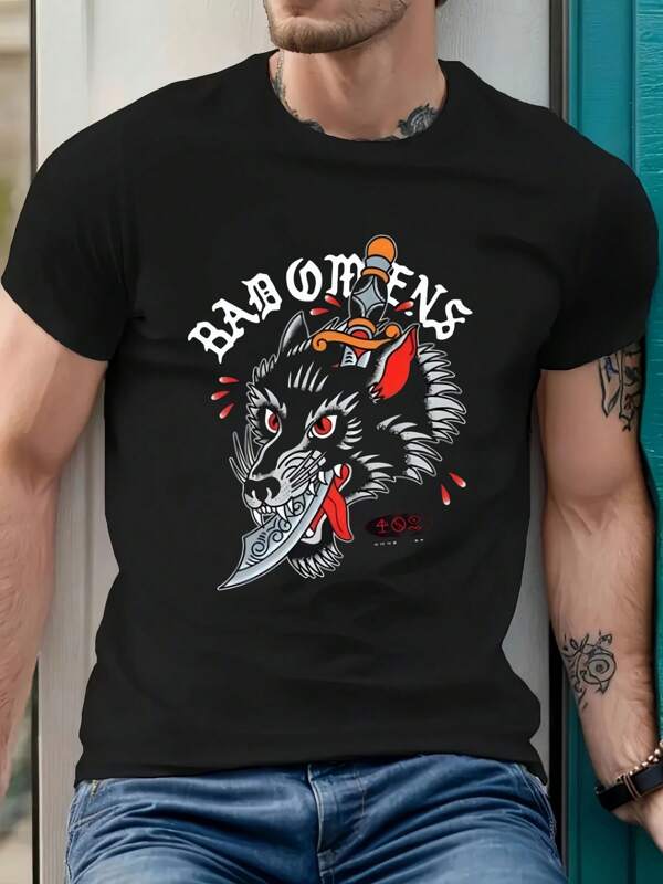 Camiseta con tatuaje de daga de lobo de Bad Omens, cuello redondo para hombre, 220 g/m², verano, algodón puro, manga corta (1 pieza)