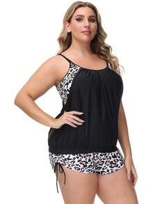 Tankini de talla grande para mujer con parte superior estampada a rayas y tirantes, con shorts, conjunto de dos piezas de traje de baño - Leopardo - Ver 4