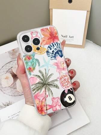 1pc Transparent TPU Shock-Proof Colorful Painted Ocean, Coconut Tree, Sea Turtle, Shell Pattern Phone Case Compatible With IPhone 15/15Pro/15Plus/15ProMax/16/16Pro/16Plus/16ProMax, Galaxy S23 Ultra/A14/A24, Redmi Note12Pro, Pixel 8/8Pro Phones