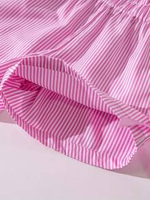 2 Piezas Conjunto de Fiesta y Verano: Parte superior con cuello redondo a rayas, volantes y lazo + Pantalones cortos a rayas con cordón y decoración de mariposa, adecuado para uso en exteriores - Rosa - Ver 10