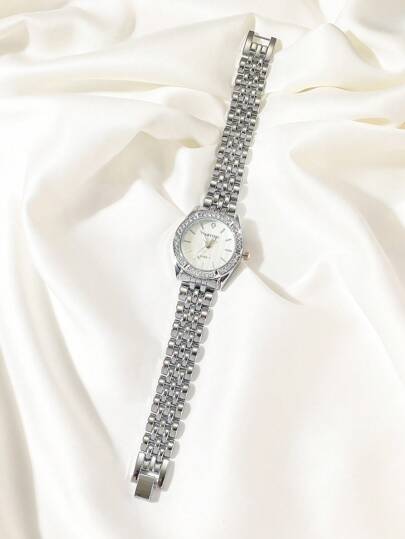 CARYINO Women Stainless Steel Horloge Classic Business Embedded Crystals Quartz Watch, Wear view 3