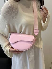 1pc Fashionable Solid Color Minimalist Flap Mini Shoulder Bag, Suitable For Women's Daily Use And Gift - Pink - View 2