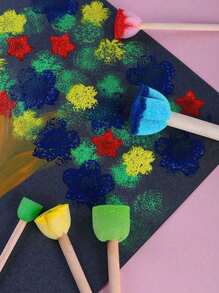 5pcs Colorful Painting Sponges Randomized Color, Wooden Handle Painting Brushes, DIY Art Learning Tool Set,School Supplies,Back To School