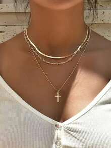 3pcs/Set Fashionable New Gold Stainless Steel Gold Wire Flat Blade Chain With Copper Beads Layered Cross Pendant Necklace - 3-piece Stacking Necklace - View 1