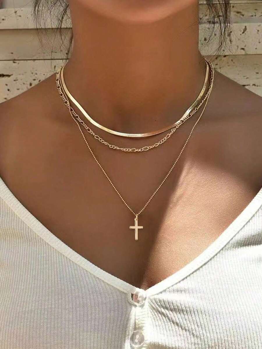 3pcs/Set Fashionable New Gold Stainless Steel Gold Wire Flat Blade Chain With Copper Beads Layered Cross Pendant Necklace - 3-piece Stacking Necklace - View 1