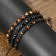 1pc New Tiger Eye Black Agate Natural Stone Beaded Bracelet, Adjustable Multi-Layer Woven Bracelet For Women & Men, Durable