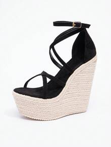 Giày sandal đế xuồng dệt kim dành cho nữ, đế chống thấm nước, mũi hở, quai dây thừng, nơ, kiểu dáng bohemian, giày cao gót hở gót, giày casual mùa xuân, trang phục mùa hè, phụ kiện du lịch thiết yếu - màu đen - Xem 7