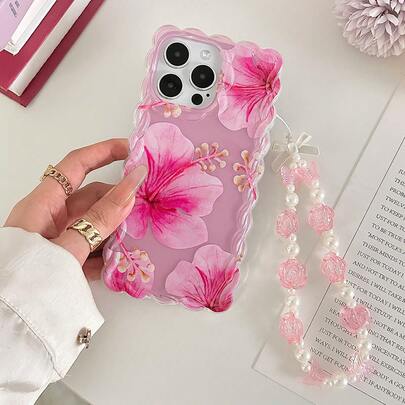 Flower Floral Pattern Painted Braided Transparent Bracelet Phone Case, Flat Printed, Anti-Drop, Fashionable And Cute, Compatible With Iphone 16/16 Pro/16 Pro Max/16 Plus, IPhone 14, IPhone 15, Xs, Xr, 7/8/Plus, S25, A14, A15, A16, A24, A36, A35, A24, A13 Phones Waterproof Shockproof Scratch Resistant