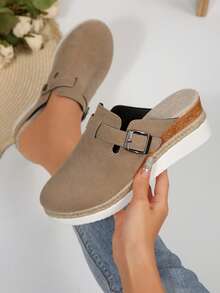 New Women Mule Slides Thick Sole Round Toe Slip On Faux Suede Wedge Shoes, Beige - Beige - View 1