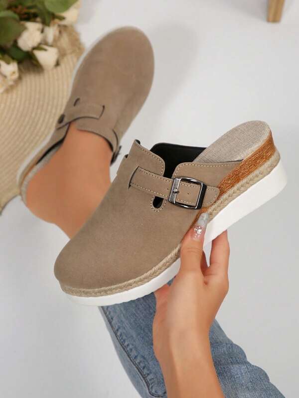 Novos chinelos femininos Mule Slides Sola grossa Biqueira redonda Slip On Faux Suede Wedge Shoes, Bege