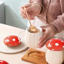 Juego de tazas de té con forma de hongos para taza de té de vidrio de leche, taza de café con tapa, regalos para niñas, mujeres, cumpleaños, Navidad, hogar, decoración de hongos - rojo - Ver 3