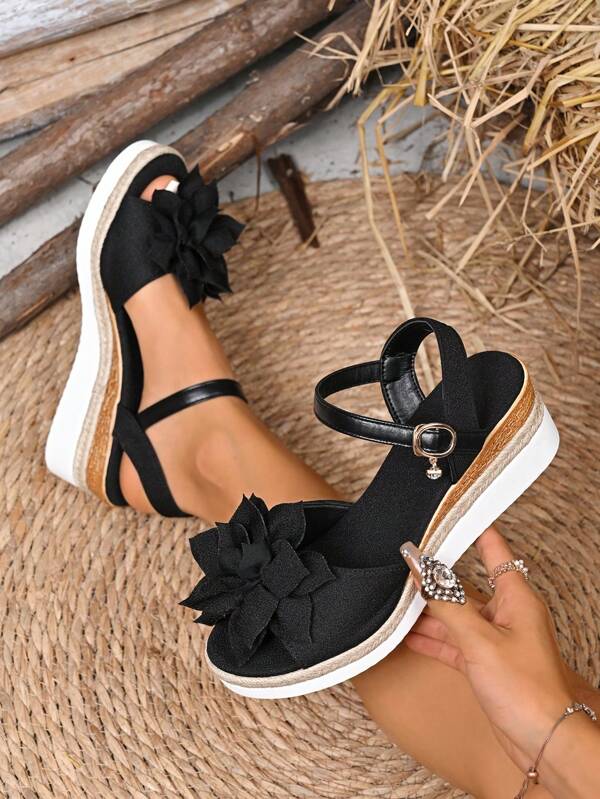 Women's Fashion 3D Flower Decor Rope Wedge Sandals, New Stylish Vacation Vibe, Casual Simple Wedge Thick Bottom Sandals, Comfortable Anti-Slip, Anti-Bacterial, Deodorizing, Soft Open-Toe Bohemian Style Sandals, Suitable For Summer Outdoor, Travel, Vacation, Wedding, Party