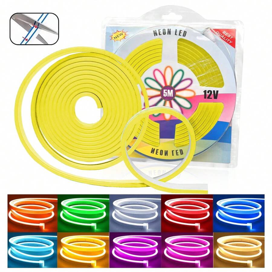 Tira de luz LED de neón flexible para hogar y exterior, 5 metros, cortable, sin fuente de alimentación, ambiente festivo, adecuada para fiestas de cumpleaños, reuniones navideñas, fiestas.