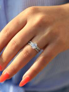 ESBERRY 3枚925纯银高光泽立方氧化锆椭圆形装饰女士结婚戒指，情人节/订婚礼物 - 鑲鑽四爪三套戒 - 查看 2