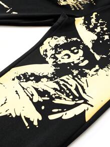 男士街头涂鸦嘻哈天使印花直筒宽松休闲喇叭裤，抽绳腰侧口袋直筒宽松休闲黑色运动裤，适合外出街头穿着的男士长款运动裤，适合丈夫、男朋友的礼物，适合狂欢派对、返校季、emo、2000 年代风格