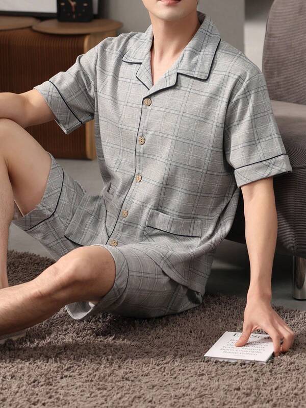 [PONX]2pcs Men's Thin Sleepwear Set, Short Sleeve Shirt & Long Pants, Summer Casual Pajama Set