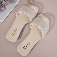 大码女式平底凉鞋度假风格夏季休闲百搭水钻一脚蹬凉鞋