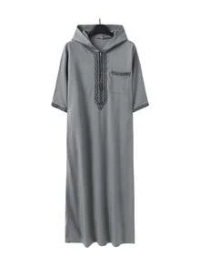 Loose Muslim Men's Robe, Short Sleeve Embroidered Hooded Zip-Up Robe, Islamic , Men's Casual Long Robe - Grey - View 3