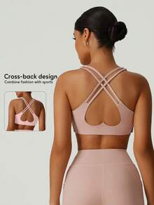 GOSOUER Damen Herz-förmiger, Cut Out schöner Rücken Fitness Sport-BH mit abnehmbaren Brustpolstern - Altrosa - Übersicht 2