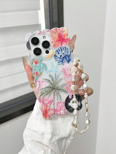 Braided Wave Edge Elegant TPU Flower Shell Coconut Tree Pattern Shockproof Phone Case With Handmade Beaded Bracelet Accessory, Compatible With IPhone 16/11/16pro/16plus/16promax/16e/15Promax/13/14/12/XS/XR/7G/8PXR/7/8 Painted Covers Compatible With Iphone15Promax, IPhone13, IPhone14, Anti-Drop Soft Shell Cover Waterproof Scratch Resistant