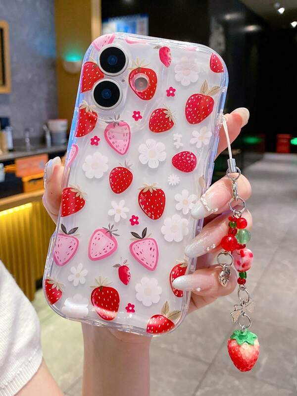 1pc Fashionable Cute Strawberry Flower Pattern Phone Case With Strawberry Lanyard, Soft TPU Protective Cover Case Compatible With IPhone 16/16Pro/16Plus/16 Pro Max, 15 Plus, 14, 13, 12, 11, XR And XS, Perfect Gift For Women And Girls