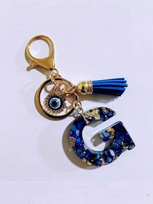 1pc Chic Blue Resin Alphabet Initial Keychain With Evil Eye & Tassel - Stylish Oblong Letter Charm, Rhinestone Embellishments, Lobster Clasp - Perfect Everyday Accessory & Thoughtful Gift For Women, Ladies Key Ring Backpack For School Car Accessories Cute Goth Y2k - Multicolor - View 10