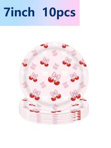 10 件夏季红樱桃龙主题派对一次性纸盘多色派对餐具节日庆祝生日派对宴会茶会婚礼精湛工艺时尚搭配野餐露营生日晚餐盘子品尝樱桃派对一对 - 彩色 - 查看 2
