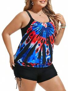 Womens Plus Size Striped Printed Strappy Tankini Top With Shorts Two Pieces Swimsuit - Red Blue Tie Dye - View 4
