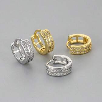 1 Pair 925 Sterling Silver New Versatile Double Row Sparkling Crystal Earrings, Luxury Vibe, Gift Box Packaging