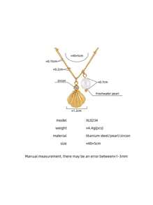 1pc Fashionable Luxurious Stainless Steel Shell & Pearl Necklace For Women, Rhinestone Decorated Pendant Freshwater Pearl Splice Neck Chain, Suitable For Daily, Date, Beach Vacation Wearing