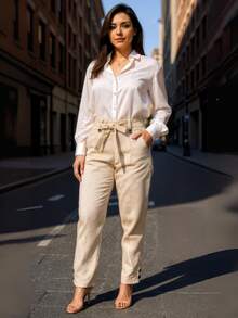 Women's Tailored Linen Trousers, High Waist With Belt, Tie Band And Elastic Waistband - 米色 - 查看 2