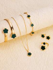 4pcs/Set Lucky Clover & 5-Petal Flower Necklace, Bracelet, Earrings Jewelry Set, Versatile Choker & Chain Earring Valentines,Mom,Mother,Mother's Day,Gift - Baby Pink - View 6