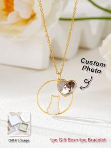 Customized Double-Sided Photo Necklace, Stainless Steel Women Cat Silhouette Pendant Necklace, Customized Pet Photo, Family Photo, Pet Memorial Gift, Gift For Friends, Birthday Gift, Thanksgiving Gift, Easter Gift