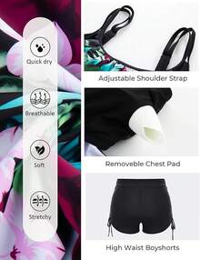 Womens Plus Size Striped Printed Strappy Tankini Top With Shorts Two Pieces Swimsuit - Pink and Red Flower - View 6