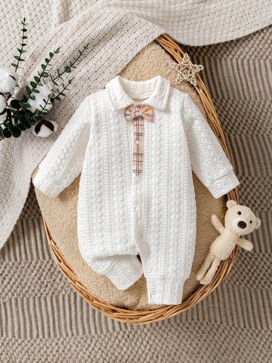 1pc Baby Boy Comfortable Padded Bodysuit, Round Collar Plaid Bowtie Polo Collar Decor Long Sleeve Jumpsuit With Pants, Fashionable & Cute, Suitable For Daily Wear Or Photo Shoots