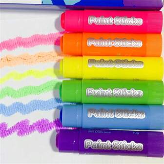 水粉颜料棒（6支装，霓虹色）——适用于所有返校课堂用品、美术工艺项目，可在木材、纸张、陶瓷、画布上绘画！速干、不脏手、可水洗，无需用水，颜料套装，美术用品，6支装